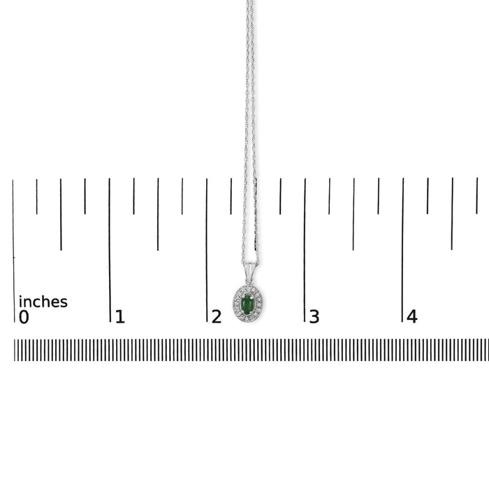 14K White Gold Oval Green Emerald and Diamond Halo Pendant Necklace - 18