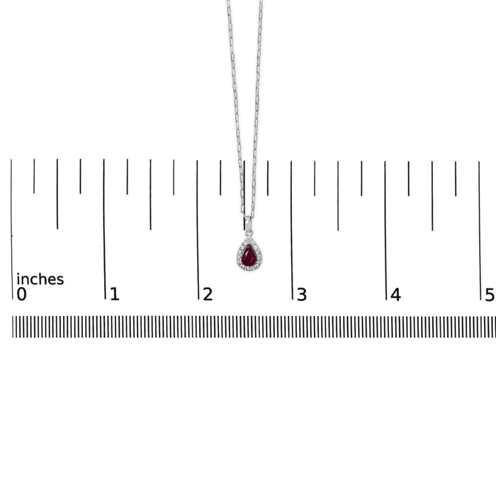 14K White Gold 6x4 Pear Red Ruby and Diamond Halo Pendant Necklace - 18