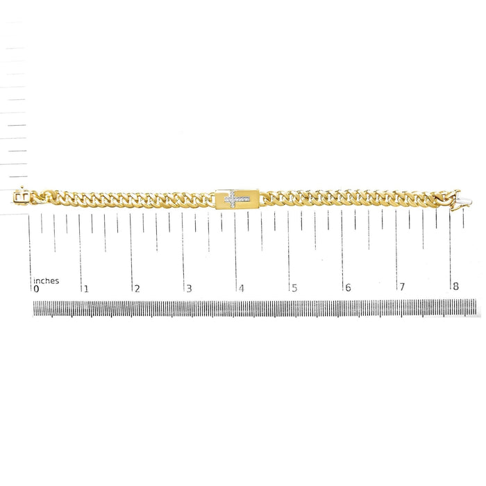 14K Yellow Gold Plated .925 Sterling Silver Diamond Accent Inlaid Cross Cuban Link Bracelet (I-J Color, I3 Clarity)-  7.25