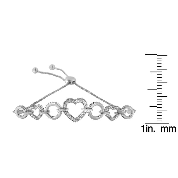 .925 Sterling Silver 1/10 Cttw Round-Cut Diamond Heart-Link Adjustable Bolo Bracelet ( H-I Color, I2-I3 Clarity) - 6