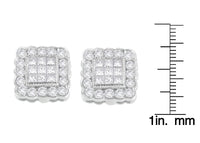 14K White Gold 1.0 Cttw Round Brilliant & Princess Cut Diamond Scallop-Edge Framed Square Halo Stud Earrings (G-H Color, SI1-SI2 Clarity)