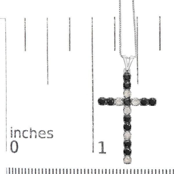 .925 Sterling Silver 2.0 Cttw Prong Set Round Natural Treated Black and White Diamond Cross Pendant Necklace - 18