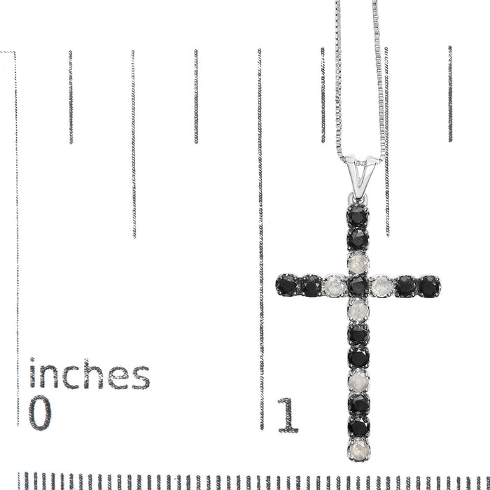 .925 Sterling Silver 2.0 Cttw Prong Set Round Natural Treated Black and White Diamond Cross Pendant Necklace - 18