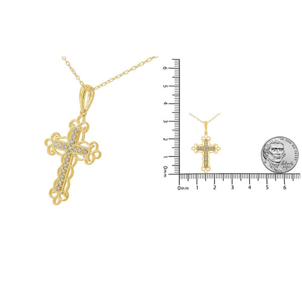 10K Yellow Flashed .925 Sterling Silver 1/4 Cttw Champagne Diamond Filigree Cross Pendant Necklace (K-L Color, I1-I2 Clarity) - 18