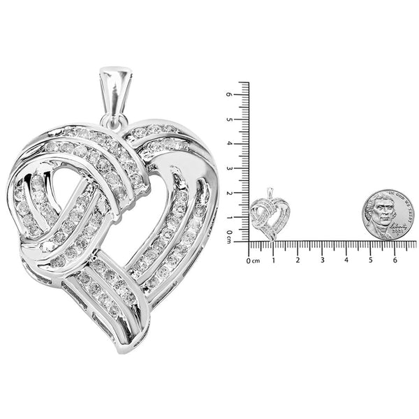 .925 Sterling Silver 1 1/4 Cttw Round Diamond Openwork Ribbon Weave Heart Pendant 18