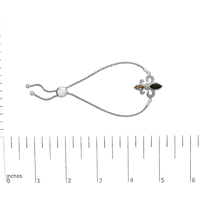 .925 Sterling Silver Marquise Black Onyx, Orange Citrine, and Diamond Accent Lariat 4”-10” Fleur De Lis Adjustable Bolo Bracelet (I-J Color, I1-I2 Clarity) - 7