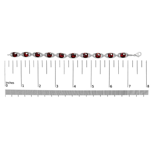 .925 Sterling Silver 7x7mm Checkered Cushion Red Garnet and Diamond Accent Fashion Tennis Link Bracelet (I-J Color, I1-I2 Clarity) - Size 7