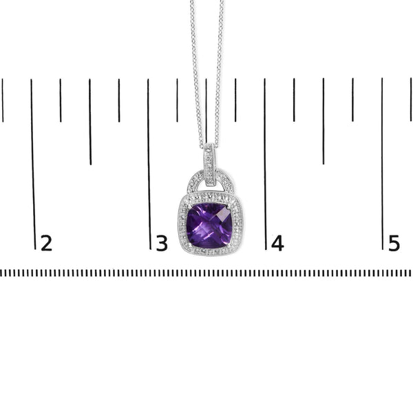 .925 Sterling Silver 10X10 MM Cushion Purple Amethyst and Diamond Accent Halo 18