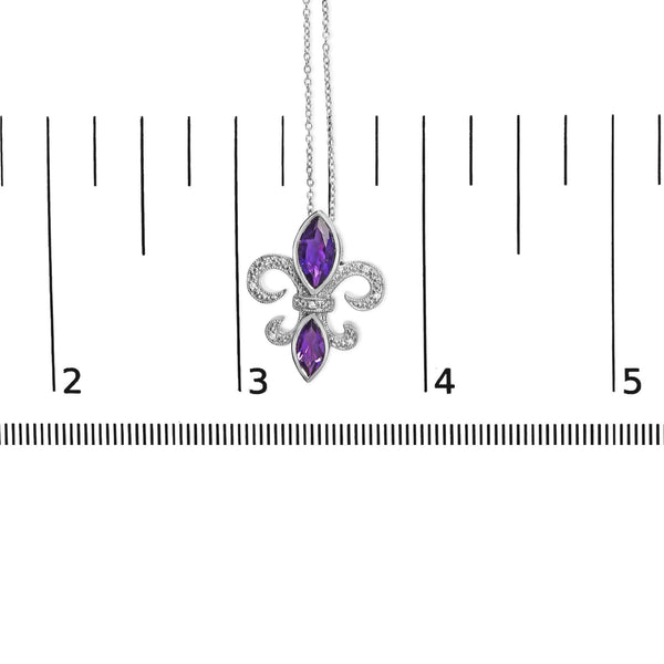 .925 Sterling Silver Purple Amethyst Marquise and Diamond Accent Fleur De Lis Pendant Necklace (H-I Color, SI1-SI2 Clarity) - Size 18