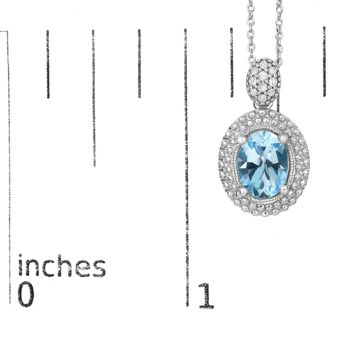 .925 Sterling Silver Oval Blue Topaz and Diamond Accent with Beaded Halo Pendant Necklace - 18