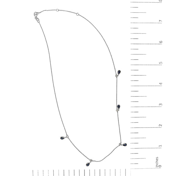 10K White Gold Dangling 5x3 mm Pear Blue Sapphire and Diamond Station Necklace - 18