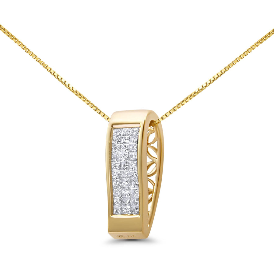 14K Gold 1/2 Cttw Invisible Set Princess Cut Diamond Vertical Bar Block Pendant 18