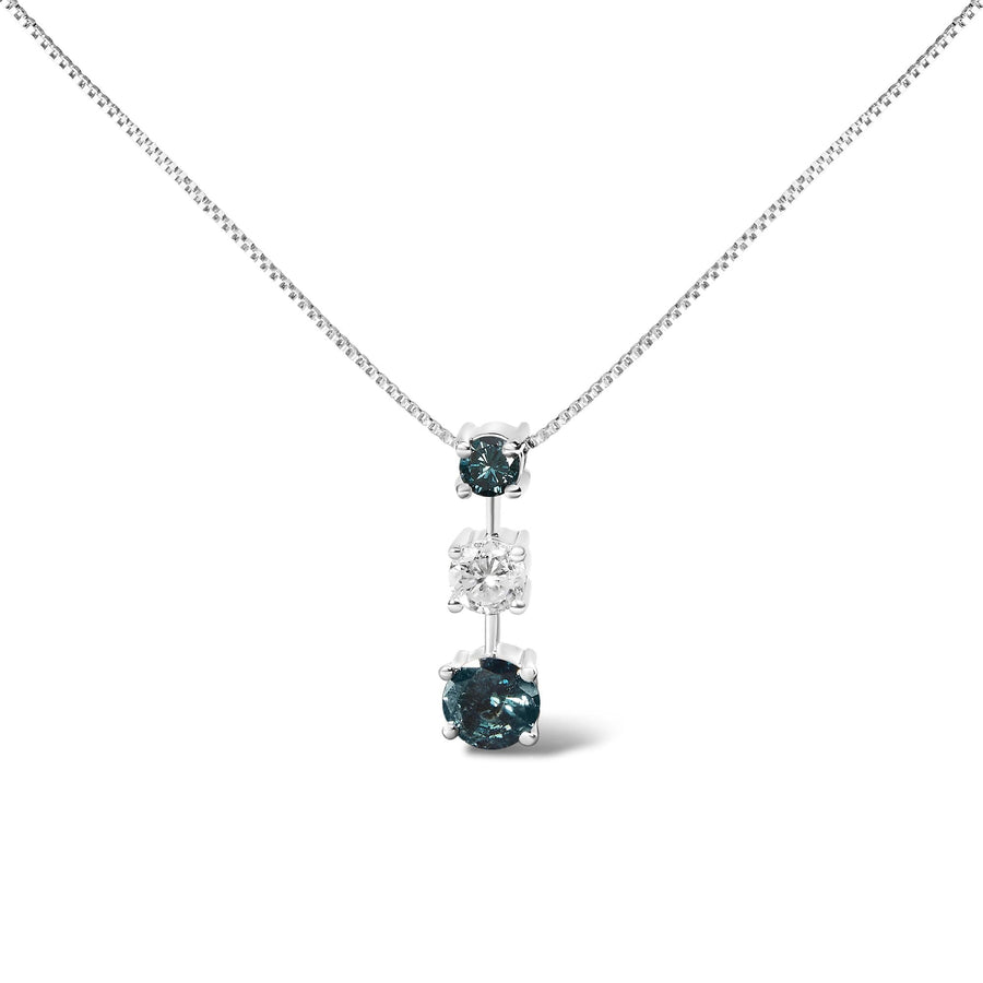 14K White Gold 1 1/2 Cttw Treated Blue and White Diamond 3-Stone 18