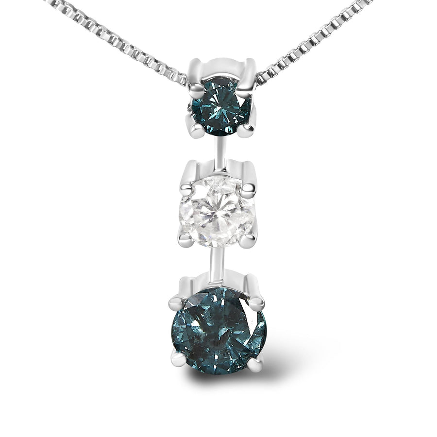 14K White Gold 1 1/2 Cttw Treated Blue and White Diamond 3-Stone 18