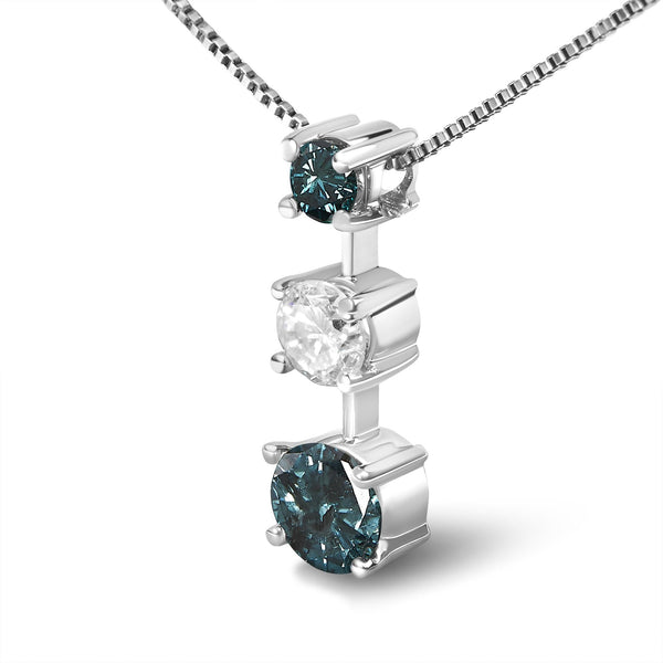 14K White Gold 1 1/2 Cttw Treated Blue and White Diamond 3-Stone 18