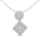 14K white gold necklace with round diamond cluster pendant, 1 ct total thumbnail 1