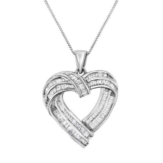 Sterling Silver 7/8 cttw Baguette Diamond Heart Pendant Necklace (I-J, I2-I3)-0