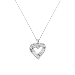 Sterling Silver 7/8 cttw Baguette Diamond Heart Pendant Necklace (I-J, I2-I3)-1