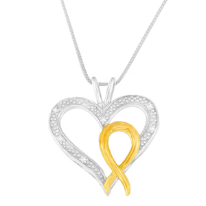 .925 Sterling Silver Two Toned 1/25 cttw Diamond Heart-Ribbon Pendant Necklace (I-J, I2-I3)-1