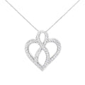 14K white gold heart and ribbon pendant necklace with round diamond stones