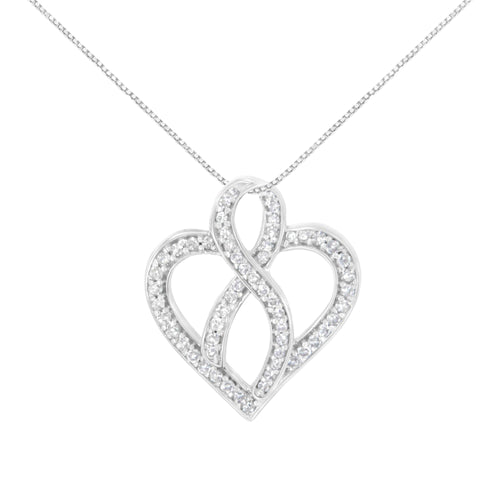 14K White Gold 1/4 cttw Round Cut Diamond Heart and Ribbon Center Pendant Necklace (H-I, I1-I2)
