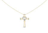 14K yellow gold necklace with heart diamond stones on cross and ribbon pendant thumbnail 1