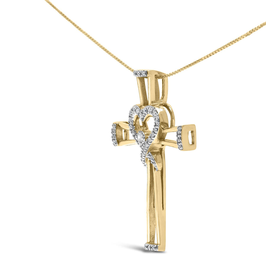14K Yellow Gold Plated .925 Sterling Silver 1/6 Cttw Diamond Interlocking Heart and Ribbon Cross Pendant Necklace (H-I Color, I2-I3 Clarity) - 18