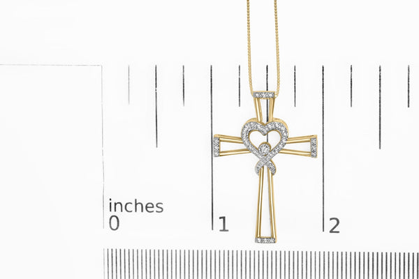 14K Yellow Gold Plated .925 Sterling Silver 1/6 Cttw Diamond Interlocking Heart and Ribbon Cross Pendant Necklace (H-I Color, I2-I3 Clarity) - 18