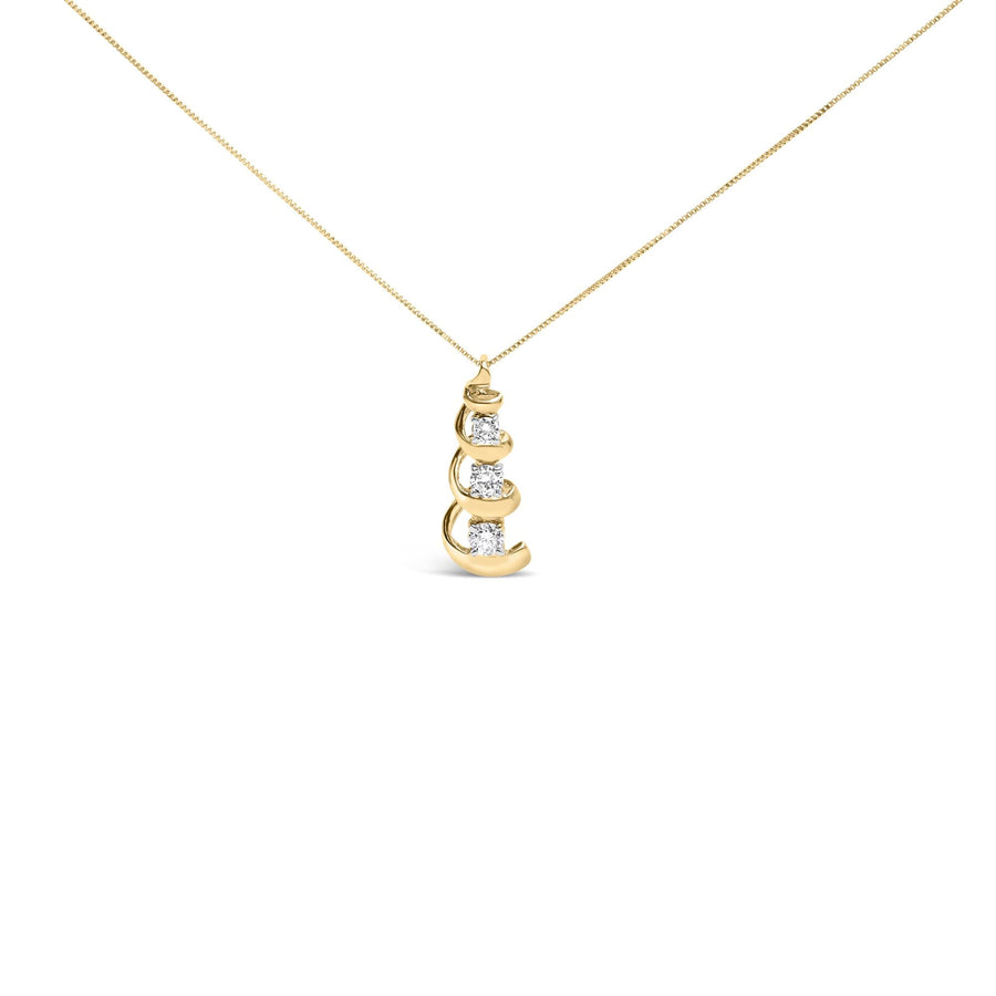10k Yellow Gold 1/4 Cttw Diamond 3 Stone Swirl and Drop Pendant Necklace