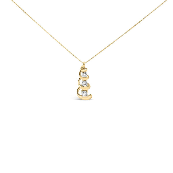 10k Yellow Gold 1/4 Cttw Diamond 3 Stone Swirl and Drop Pendant Necklace