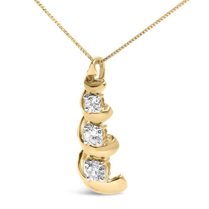10k Yellow Gold 1/4 Cttw Diamond 3 Stone Swirl and Drop Pendant Necklace