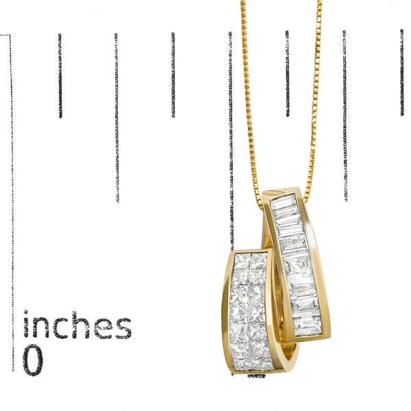 14K Yellow Gold 1 5/8 Cttw Princess and Baguette Diamond Duo Bar Pendant Necklace (G-H Color, VS2-SI1 Clarity) - 18