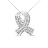 14K white gold ribbon pendant with round and baguette diamond stones thumbnail 1