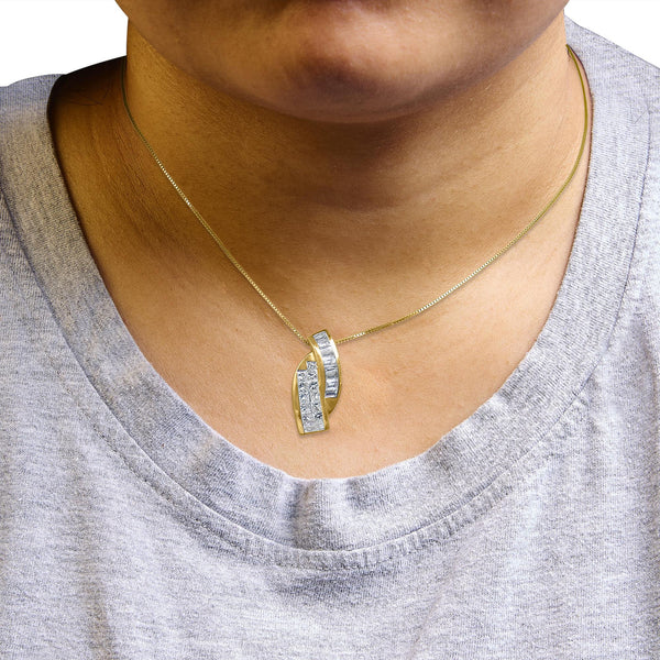 14k Yellow Gold 1 1/3 Cttw Princess and Baguette-cut Diamond Double Curved Pendant Necklace (H-I Color ,VS1-VS2 Clarity) - NO CHAIN INCLUDED