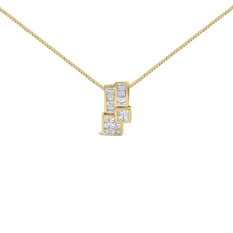 14K Yellow Gold 1 1/2 cttw Princess and Baguette Cut Diamond Geometric Pendant Necklace (H-I Color, VS1-VS2 Clarity)
