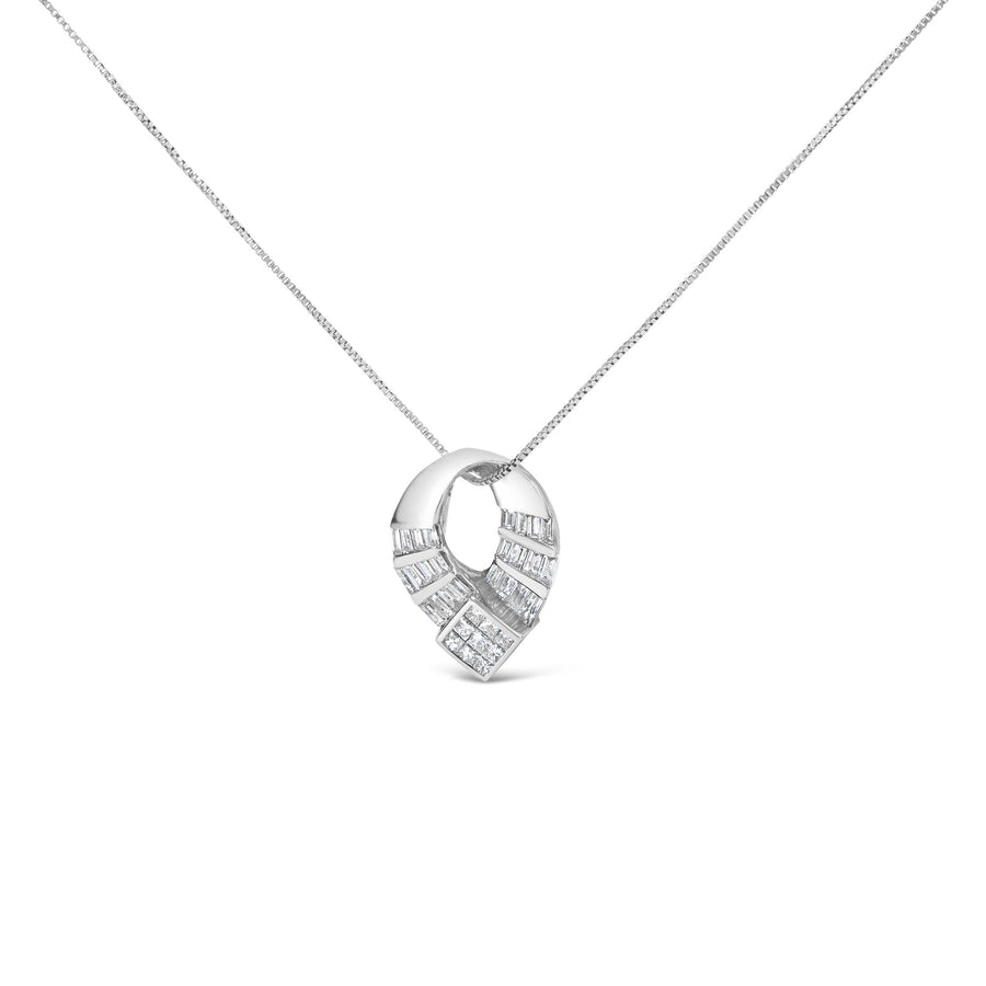 14k White Gold 1 5/8 Cttw Invisible Set Princess and Channel Set Baguette Diamond Curved Oval Shape Pendant Necklace (G-H Color, VS2-SI1 Clarity)