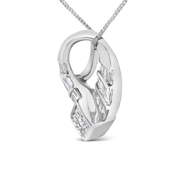 14k White Gold 1 5/8 Cttw Invisible Set Princess and Channel Set Baguette Diamond Curved Oval Shape Pendant Necklace (G-H Color, VS2-SI1 Clarity)