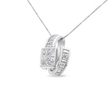 14K white gold necklace with princess and baguette diamond double loop pendant thumbnail 1