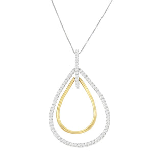 14K Two-Tone Gold Round Cut Diamond Double Burst Pendant Necklace (1.00 cttw, H-I Color, SI2-I1 Clarity)-1