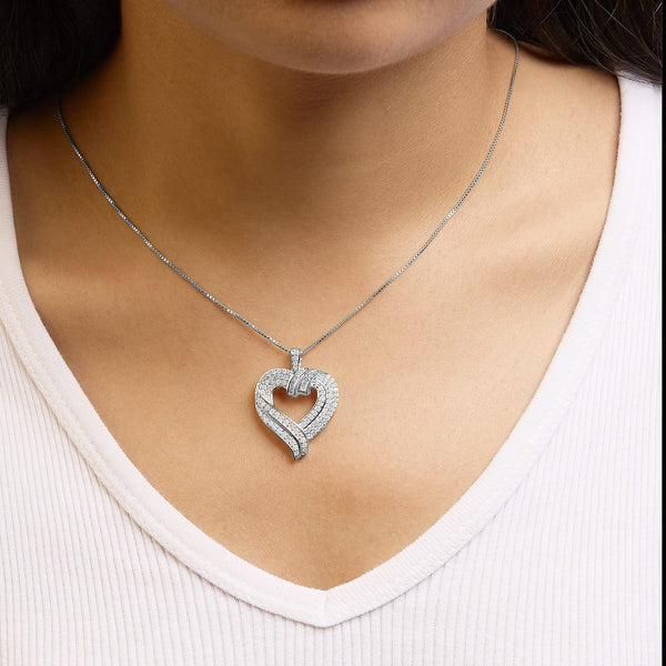 .925 Sterling Silver 1.00 Cttw Baguette Diamond Composite Open Heart 18