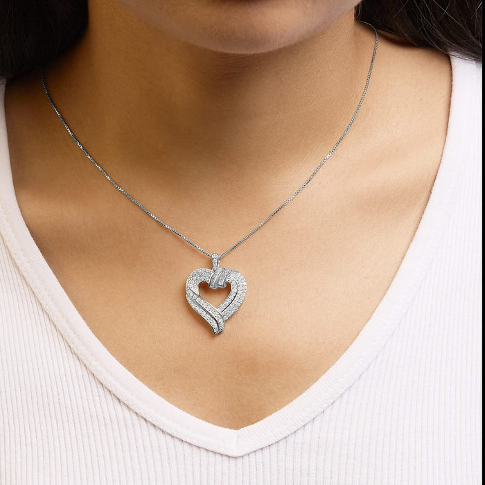 .925 Sterling Silver 1.00 Cttw Baguette Diamond Composite Open Heart 18