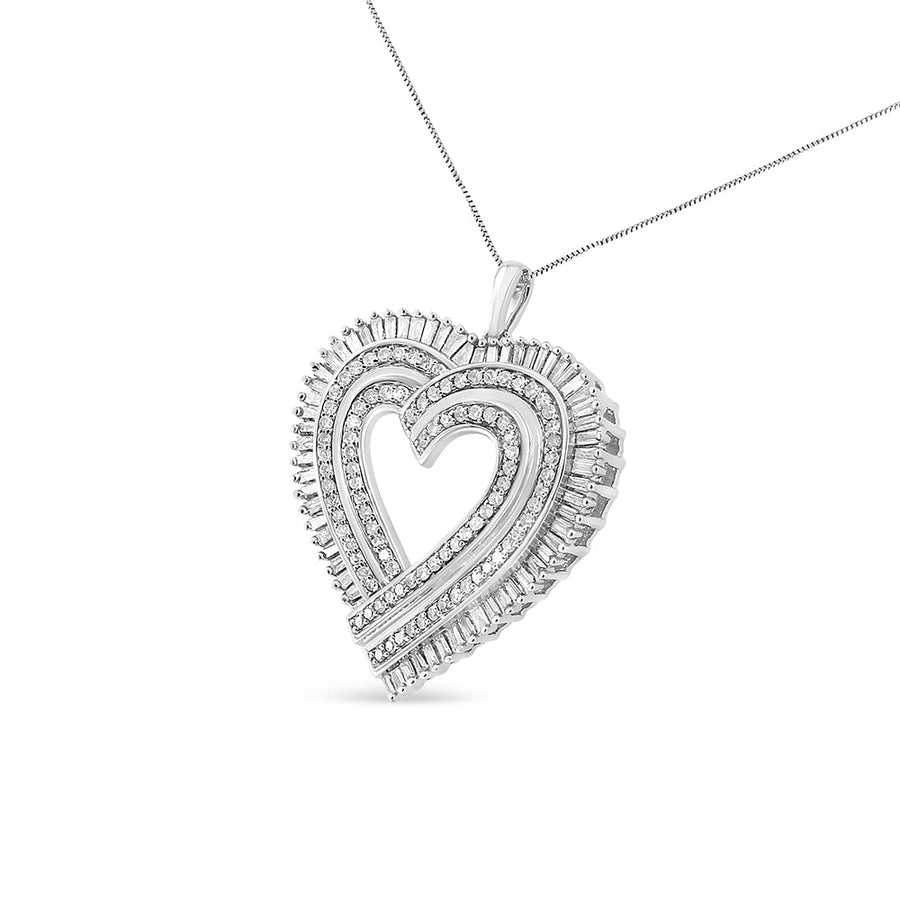 .925 Sterling Silver 1 1/4 Cttw Round and Baguette-Cut Diamond Composite Heart 18