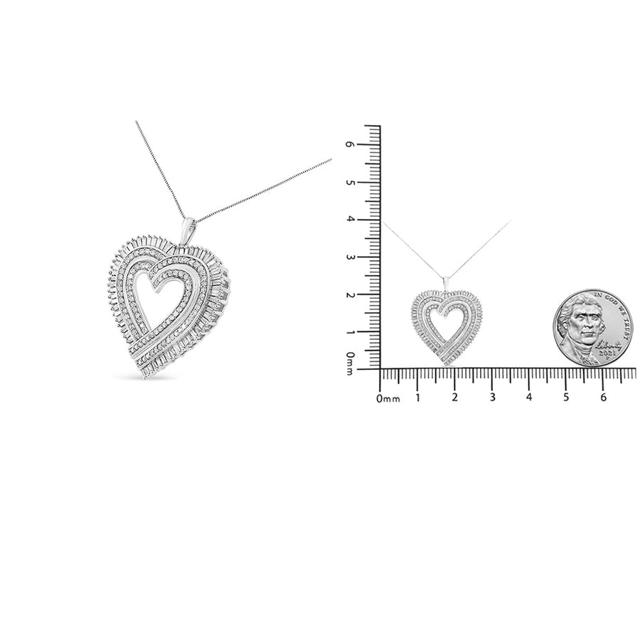 .925 Sterling Silver 1 1/4 Cttw Round and Baguette-Cut Diamond Composite Heart 18