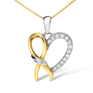 10K Yellow Gold Plated .925 Sterling Silver 1/5 Cttw Diamond Ribbon Heart Pendant Necklace (H-I Color, I2-I3 Clarity) - 18