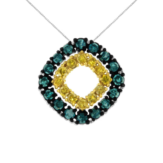 .925 Sterling Silver 1/2 Cttw Treated Blue and Yellow Diamond Double Square 18" Pendant Necklace (Blue/Yellow Color, I2-I3 Clarity)-0
