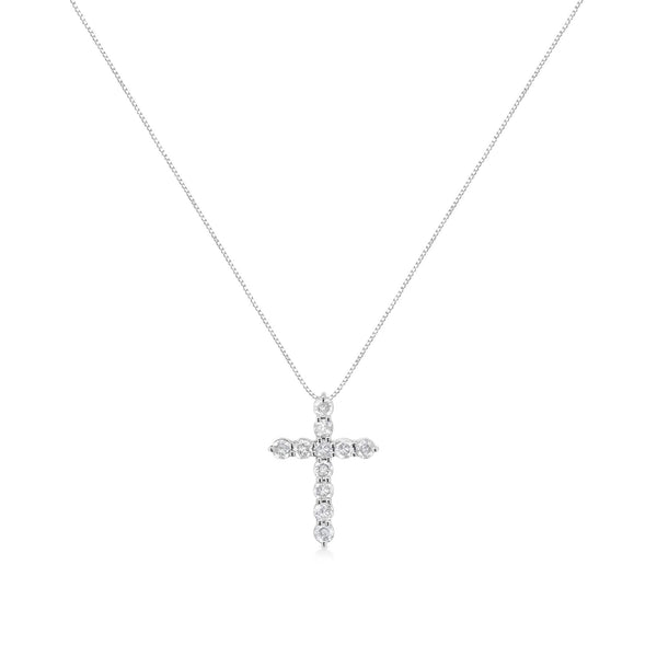 .925 Sterling Silver 1.0 Cttw Prong Set Round-Cut Diamond Cross 18