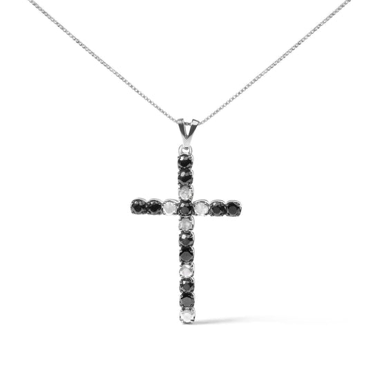 .925 Sterling Silver 2.0 Cttw Prong Set Round Natural Treated Black and White Diamond Cross Pendant Necklace - 18" (Black/H-I Color, I3 Clarity)-0