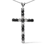 .925 Sterling Silver 2.0 Cttw Prong Set Round Natural Treated Black and White Diamond Cross Pendant Necklace - 18
