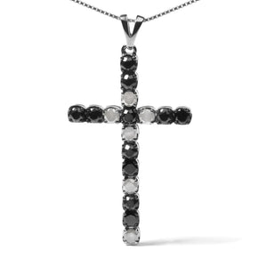 .925 Sterling Silver 2.0 Cttw Prong Set Round Natural Treated Black and White Diamond Cross Pendant Necklace - 18