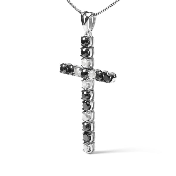 .925 Sterling Silver 2.0 Cttw Prong Set Round Natural Treated Black and White Diamond Cross Pendant Necklace - 18